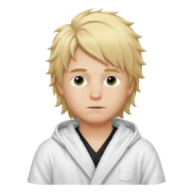 Create a blond boy with long, messy hair, light eyes, a white t-shirt, rich, with long hair, blue eyes, medium-length, voluminous hair, wearing a black Nike bathrobe and a little blush near his nose. and with a balaclava sticker