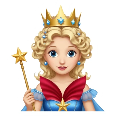 Glinda from Wicked, happy expression, blonde curls, glittery crown, blue ballgown, holding a star wand sticker
