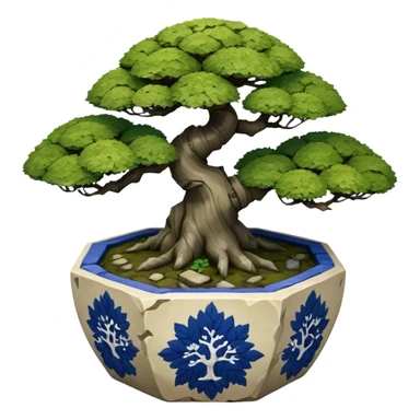 Japanese very old broken intricate Stone Age rocky-crusted dodecahedron-shaped shallow dark moss rough bark blue willow flower maple tree bonsai pot sticker