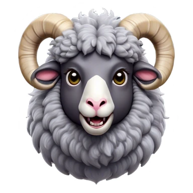 Cinematic Comical Ram Portrait Emoji, Head tilted dramatically with an exaggeratedly amused expression, featuring a striking woolly grey fur with impressively curled horns, wide, expressive dark eyes filled with playful disbelief, Simplified yet hilariously expressive features, highly detailed, glowing with a slightly sassy glow, high shine, dramatic yet playful, stylized with an air of cheeky mischief, bright and endearing, soft glowing outline, capturing the essence of a spirited and over-the-top ram, so meme-worthy it feels like it could butt its way into internet fame instantly! sticker