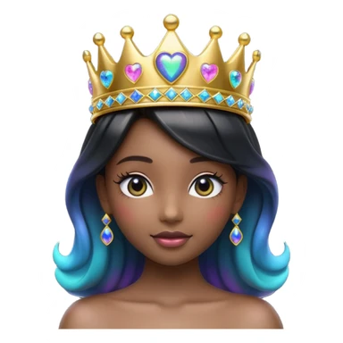 3D rendering, glossy black heart emoji icon, wearing hyperrealism 10k Gold sparkling tiara princess crown covered in black opal that has a futuristic multicolor Shimmer, clean lines on a transparent background sticker