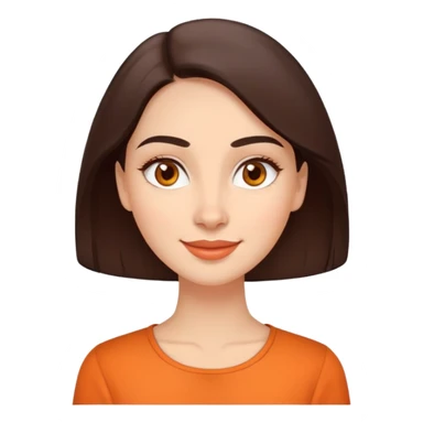 Warm enthusiastic woman with light skin, oval face, soft defined features, large expressive brown eyes, medium arched eyebrows, small nose, medium lips with relaxed smile, long dark brown hair, wearing an orange blouse sticker