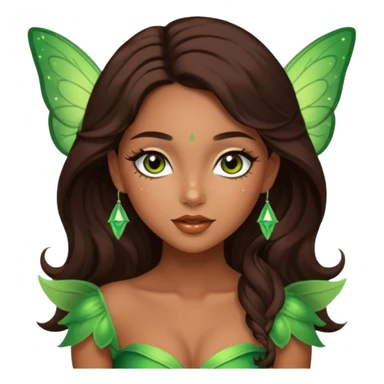 Pretty girl with caramel skin. Dark brown hair and brown eyes. She has freckles. Wearing sexy makeup. Wearing a green fairy costume and heels sticker