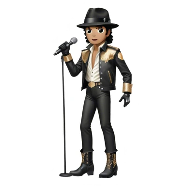 Michael Jackson on stage with microphone on the stand in full body, wearing his iconic concert costume—black leather jacket, sequined glove, fedora, and boots. He strikes a powerful pose, embodying the energy of R&B music. Transparent background. sticker