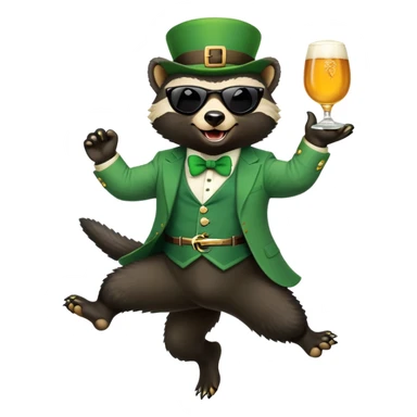 friendly anthropomorphised honey badger in a classic leprechaun suit with shamrock accessories, wearing sunglasses, jumping, St. Patrick's Day, no beer sticker