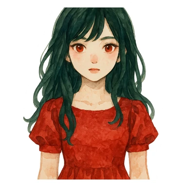 watercolor style girl with dark green hair, red eyes, and a red dress sticker