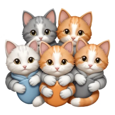 6 tiny kittens cuddling together all various different natural colours including solid grey with white mittens, grey and white, ginger and white, calico, and brown and white sticker