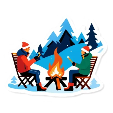 Drei Personen, Lagerfeuer in schneebedeckten Wald mit Nordlichtern am Himmel sticker