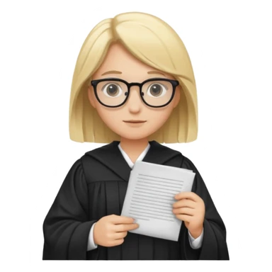 Young judge, blonde hair with glasses and robe, hold a paper sticker