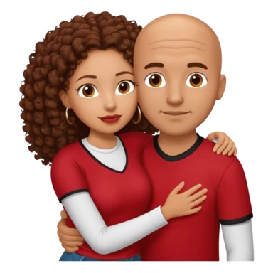 A picture of a tanned couple embracing. the guy is Mexican, with a bald hair cut and he is wearing a red shirt. the girl is mixed, the girl is wearing a black shirt, the girl has brown curly big hair and with big boobs  sticker