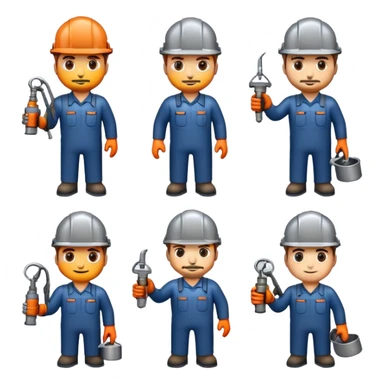 Professional custom emojis of industrial workers: welder, grinder, CNC operator, spray painter, metalworker. Modern, clean, slightly 3D style. Industrial color palette: steel gray, navy, orange. Transparent background sticker