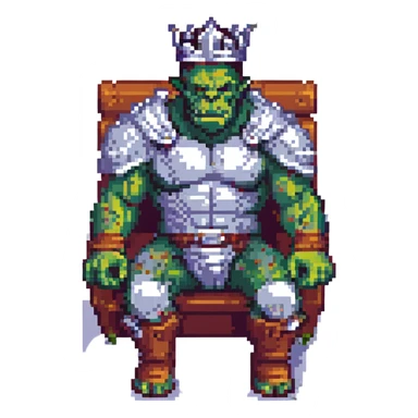 pixel art crowned orc, sitting on a throne, silver crown, muscular build, 16-bit style sticker