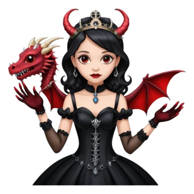 Lavish black evening gown with see-through gloves, Jenna Ortega as Addams woman wearing a steampunk mini tiara, very large blood red evil-looking horned old dragon sticker