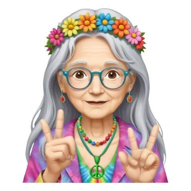 elderly woman with long grey hair, glasses, peace sign necklace, tie-dye clothing, flower crown sticker