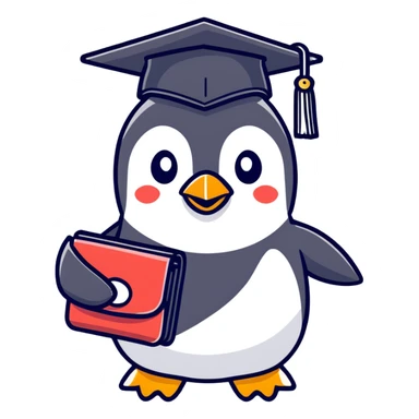 A cute penguin with beautiful eyes, very happy, wearing a graduation cap with the letter 'Ю' on it, holding a wallet. sticker