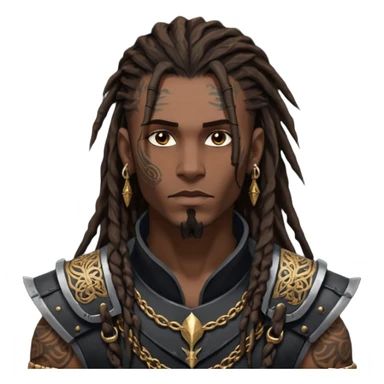 A dark-skinned figure with hollow cheekbones, a sharp jawline, and intense dark brown eyes. His hair is a mess of 7-inch-long dreadlocks, with a fresh hairline and low taper. His body is covered in intricate tattoos, and he wears an armor vest. Gold earrings adorn his ears, and his  sticker