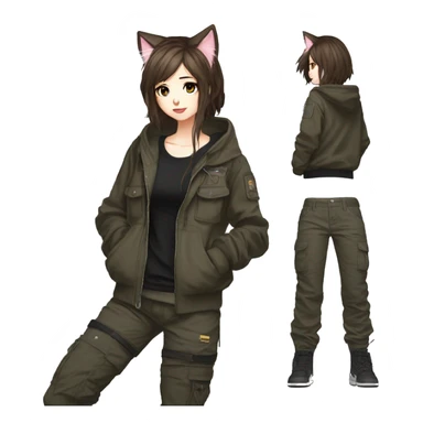 Edgy cool shy beautiful pretty anime punk tomboy with cat ears techwear cargo pants hoodie brown hair sticker