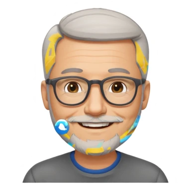 54 year old man, short shaved grey hair, beard stubble, glasses sticker