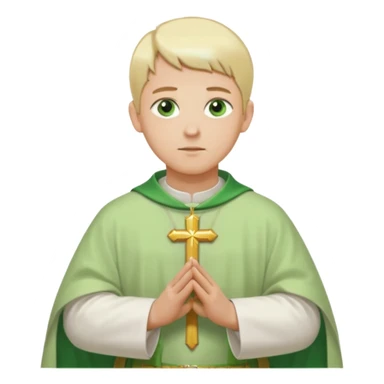 a priest, green eyes, blonde hair, light green chasuble (A wide, flowing, bell-shaped outer robe, without any religious symbols). opening arms, gazing thoughtfully. Soft light, subtle fern. Waist-up, profile. sticker