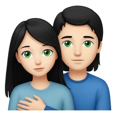 Make a couple hugging the girl is white with long black hair with blue eyes. The girl is hugging a boy with light brown short hair with green eyes. sticker