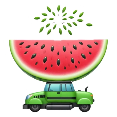 A UFO shaped like a slice of watermelon abducting seeds with a tiny tractor beam. Bright fun colors, cartoon style, minimal shadows, transparent background. sticker