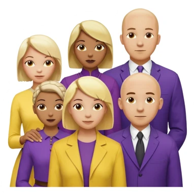 5 person team; 2 men and 3 women.  All dressed in yellow or purple.  1 caucasian woman with blonde mid length hair. 1 caucasian woman with blonde short length hair. 1 caucasian woman has ash blonde hair tied up. 1 man is African-american and bald, 1 man is caucasian and very little hair left.  
 sticker
