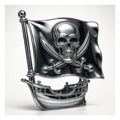 chrome style close-up of pirate ship focusing on flag with chrome emblem based on skull and crossed bones, ship's chrome details glinting in the light sticker