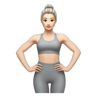 Pale skinned fit woman In a gray tight yoga suit and wristbands With black hair in a bun doing yoga sticker