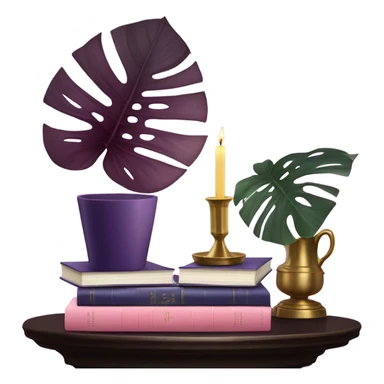 An elegant still life featuring a stack of light and dark violet books, a pink monstera plant, and a brass candle holder. sticker
