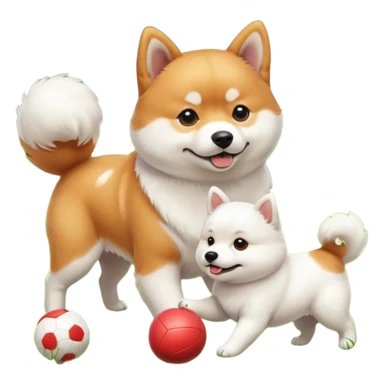 2 dogs, a ginger shiba inu and a small white dog breed coton de tulear, playing with a ball in a sunny garden sticker