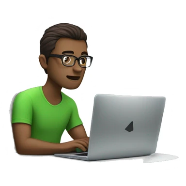 white guy with dark brown hair square glasses typing in laptop wearing green t-shirt working in call center sticker