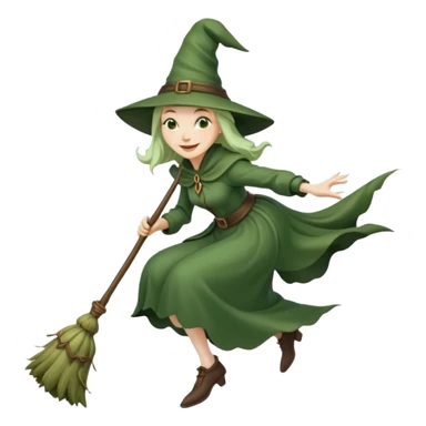 Traditional green old witch flying on a broom emoji sticker