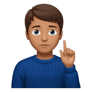 man in black knitted sweater in thinking pose, blue eyes brown hair, index finger touching his chin, eyes looking up to the top right sticker