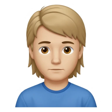 boy with dark blonde hair in a mullet with a neat blue shirt sticker