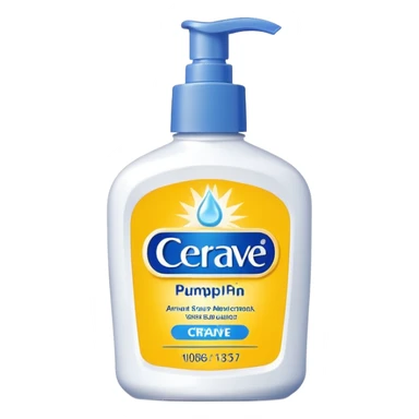 White CeraVe pump bottle with blue label and bright yellow  glow badge. Floating in golden morning light, encircled by radiant sunbeams and shimmering protective particles. A shield of light surrounds it like a solar barrier. Glossy, potion-like, symbolizing daily moisture and powerful sun defense. sticker