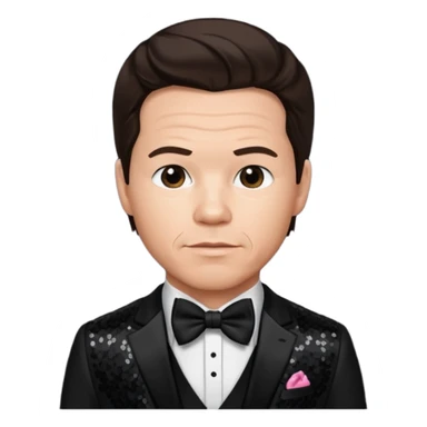 Mark Wahlberg with dark brown hair, black sequin suit with bow tie sticker
