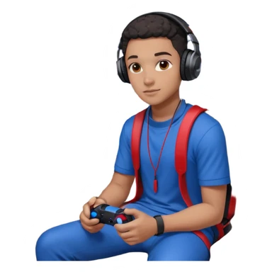 Black Muslim gamer sitting in a gaming setup with LED lights (red/blue), PS5 2025 controller in hand, confident pose, headphones around neck, posters and shelves in background, high-resolution portrait, crisp details, cinematic lighting. sticker