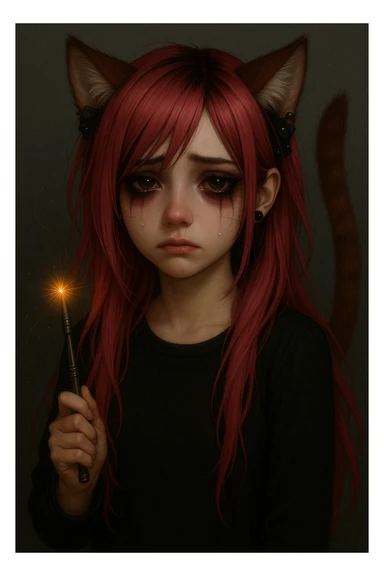 Transform the character into a realistic anime style with an emo aesthetic. Include side-swept bangs, darker makeup, black and pink accessories, and a moody vibe. Keep the sad expression, pink hair, magical accessory, and sparkles as in the original image. sticker