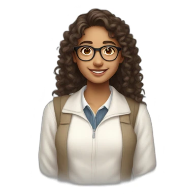 smiling indian teenage girl with curly hair and glasses wearing a collared long sleeve white shirt under a white sweatervest sticker