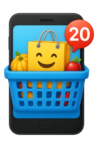 Create a high fidelity emoji style variant with smooth edges featuring a smartphone instead of a monitor, keeping the shopping basket and emoji shopping bag as in the reference image. sticker