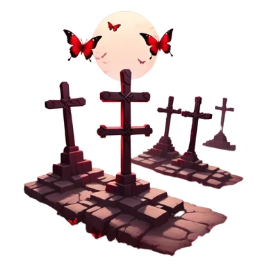 A mystical landscape where crimson butterflies rest upon ancient, weathered crosses, their delicate wings glowing against the dark surroundings. The air is filled with a deep red haze, intensifying the ethereal, almost sacred atmosphere. sticker