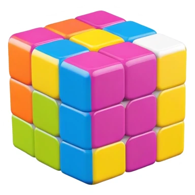 A 3x3 Rubik's Cube with candy-colored bright scheme: bubblegum pink, lemon yellow, bright blue raspberry, lime green, grape purple, tangerine orange, minimalist iOS emoji style sticker