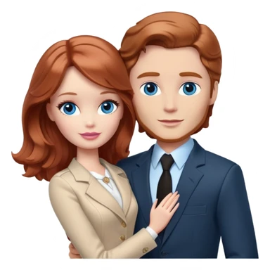 Barbie girl  , eyes blue , Chestnut red long wavy hair In pale beige clothes, Hugs a man with pale brown hair short haircut, brown eyes , and a black suit sticker
