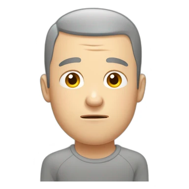 tired white man with buzz cut in gray sweatshirt and anxious sticker