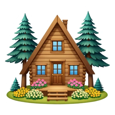 triangle small cabin in the woods, surrounded by pines, with flowers around sticker
