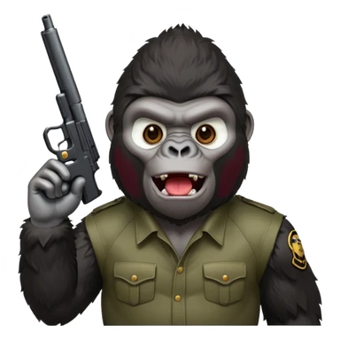 A gorilla holding a gun in the air making a silly face sticker
