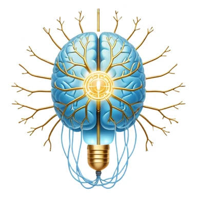 Pearlescent and light blue floating capsule suspended in front of an ethereal brain illuminated by golden electrical pulses branching into a neural network pattern, awakening lucidity. A soft light also surrounds a small liver symbol, all rotating in an aura of focus and internal connection sticker