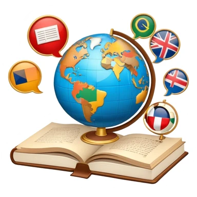 An icon featuring a globe with speech bubbles in different languages, symbolizing the study of foreign languages. The design includes a book and a pencil, representing learning and communication across cultures. Transparent background highlights the global nature of language education. sticker