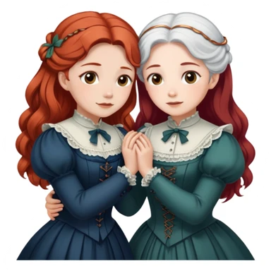 Two modest Victorian women hugging, one with white hair and one with copper red hair, wearing long Victorian dresses sticker