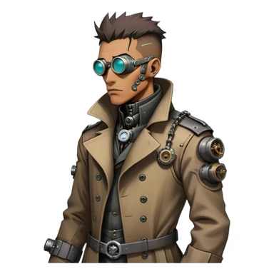 Cartoonish, rough, and battle-worn, cyber-steampunk Dr. Numen Oppen's side-view mug shot showcases his rugged trench coat, exposed mechanical joints, and worn cybernetic enhancements, blending steampunk grit with cyberpunk tech. sticker